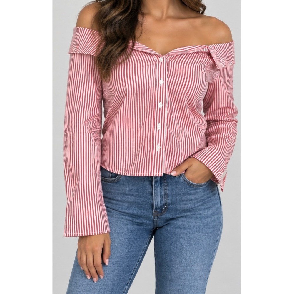 Red White Striped Off The Shoulder Button Down Blouse Long Sleeve Top Size-S